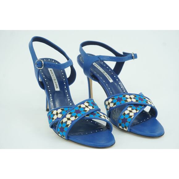 Manolo Blahnik Talitha Linen Strap Blue Floral Sandals size 39.5 Ankle - Picture 11 of 11